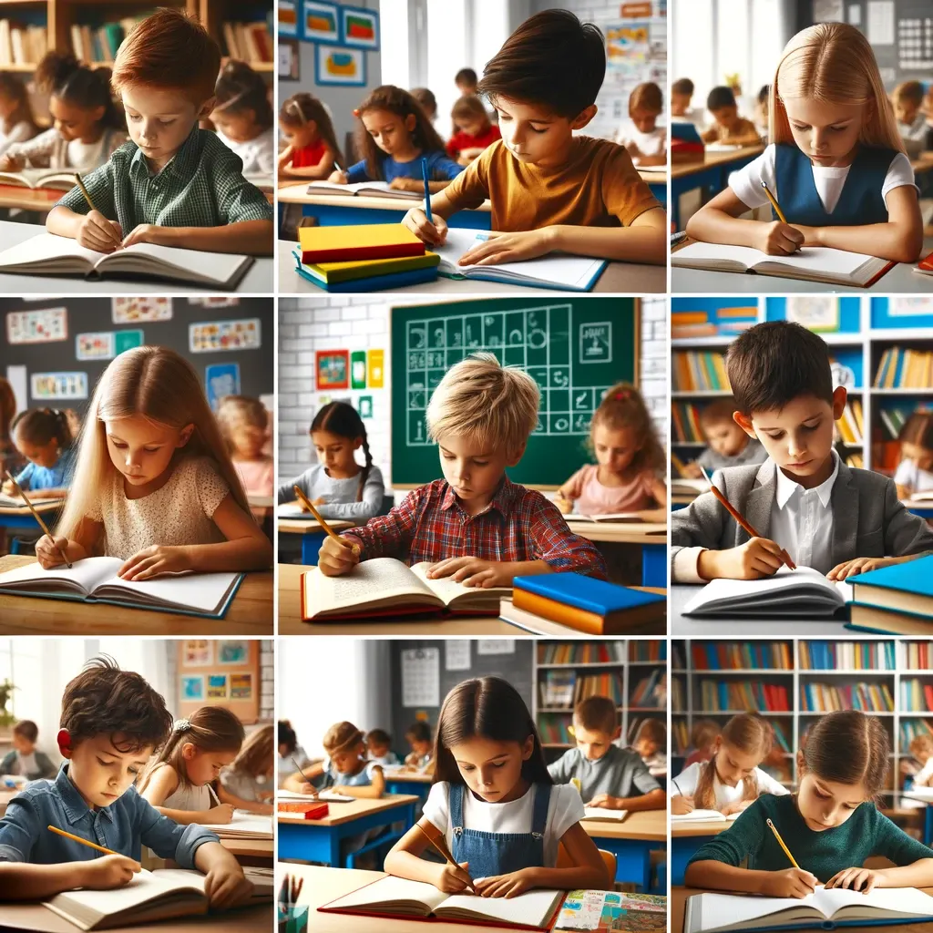 Différents enfants engagés dans la lecture et l'écriture, dans une salle de classe vivante avec des étagères de livres et des posters éducatifs.